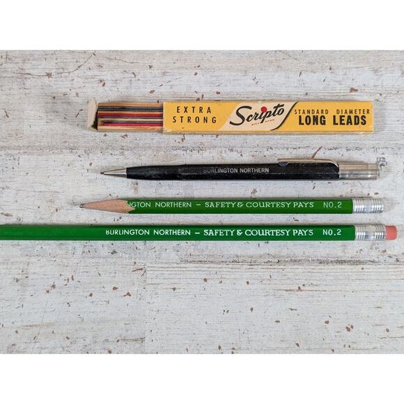 Lot VTG Burlington Northern Railroad Pencils Green Wood Black Scripto Mechanical - Picture 2 of 8